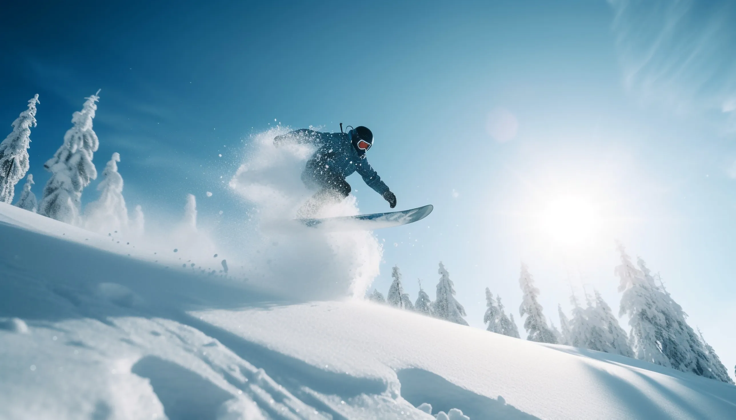 Snowboardzista w chmurze śnieżnego puchu na stoku w pełnym słońcu