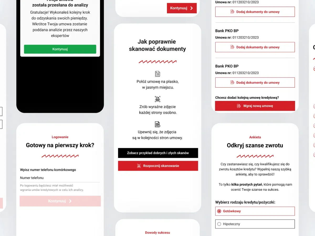 Ekrany aplikacji zwrotowbankowych.pl na telefonach
